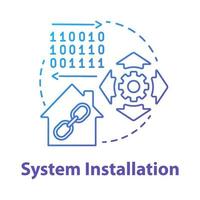 Symbol für die Systeminstallation mit blauem Farbverlauf. Smart House Setup Prozess Idee dünne Linie Illustration. Einführung innovativer Technologie für die Wohnung. Vektor isolierte Umrisszeichnung