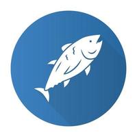 tonfisk blå platt design lång skugga glyfikon. simmande marina fiskar. undervattensinvånare. makrillfiske. Skaldjursrestaurang. vattenlevande djur. undervattensvärlden. vektor siluett illustration