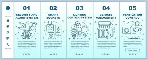 Smart House Onboarding mobile Webseiten Vektorvorlage. Heimautomatisierung. reaktionsschnelle Smartphone-Website-Schnittstellenidee mit linearen Illustrationen. Schrittbildschirme für die Website-Walkthrough-Schritte. Farbkonzept vektor