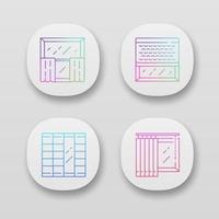 fönster dekoration app ikoner set. cafégardiner, vertikala persienner, vävda träfärger, shoji -paneler. butiksinredning. webb- eller mobilapplikationer. isolerade vektorillustrationer vektor