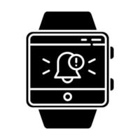 push-meddelanden smartwatch-funktion glyfikon. kapacitet för fitnessarmband. varningsruta med angivet meddelande till användaren. klocksymbol. siluett symbol. negativt utrymme. vektor isolerade illustration