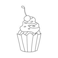 Cupcake mit Sahne und Erdbeere, Gekritzel schwarz und Weiß Dessert Vektor Illustration.