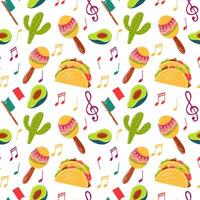 mexikansk mat musik, bakgrund med mexikansk motiv, traditioner och mexikansk mat. mexikansk mönster, sömlös avokado mönster, maracas, kaktus, flagga, och tacos. vektor