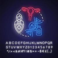 Unfruchtbarkeitsbehandlungen Neonlicht Konzept Symbol. Frauengesundheit Idee. Fortpflanzungssystem, Schwangerschaft, Gynäkologie. leuchtendes Schild mit Alphabet, Zahlen und Symbolen. isolierte Vektorgrafik vektor