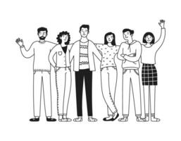 vereinigt glücklich Mannschaft Gekritzel Vektor Illustration. Unterstützung. Menschen Diversität, Männer und Frauen isoliert auf Weiß Hintergrund