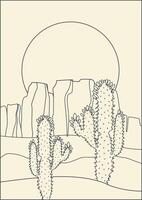 estetisk minimalistisk öken- landskap med kaktus och berg. boho vägg dekor, solnedgång i australier buske vektor
