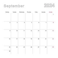 einfach Mauer Kalender zum September 2024 mit gepunktet Linien. das Kalender ist im Englisch, Woche Start von Montag. vektor