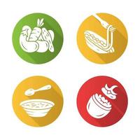 näringsrik mat platt design lång skugga glyph ikoner set. grönsaker, pasta, fyllda tomater, soppa. café, restaurangsnack, förrätt. hälsosam näring. sallad, spagetti. vektor siluett illustration