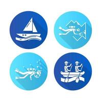 Wassersport flaches Design lange Schatten Glyphe Icons Set. Höhlentauchen, Segeln und Rafting. Extremsportarten. Sommerurlaub Strandaktivitäten. Tauchen mit Tauchausrüstung. Vektor-Silhouette-Abbildung vektor