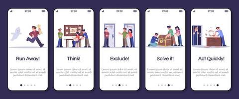 escape room onboarding mobil app skärm vektor mall. springa iväg, tänka, utesluta, lösa det, agera snabbt. genomgång av webbplatssteg med platta tecken. ux, gui smartphone tecknade gränssnittskoncept