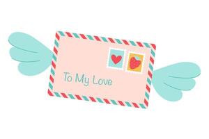 Post- Umschlag, Brief Liebe Botschaft mit Post Briefmarken und Flügel, isoliert auf Weiß Hintergrund. glücklich Valentinsgrüße Tag. zu meine Liebe. Vektor Illustration