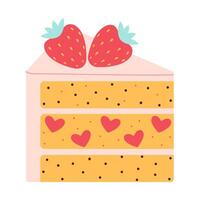 söt hand dragen jordgubb kaka bit med bär och hjärtan. trendig platt vektor illustration. ljuv mat efterrätt tecknad serie. isolerat på vit bakgrund för födelsedag fest, valentine dag.
