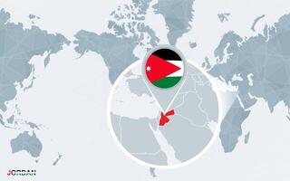 Welt Karte zentriert auf Amerika mit vergrößert Jordanien. vektor