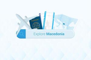 sökande biljetter till norr macedonia eller resa destination i norr makedonien. sökande bar med flygplan, pass, ombordstigning passera, biljetter och Karta. vektor