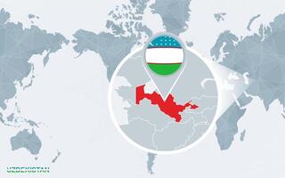 Welt Karte zentriert auf Amerika mit vergrößert Usbekistan. vektor