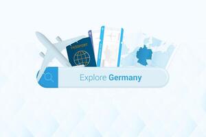 sökande biljetter till Tyskland eller resa destination i Tyskland. sökande bar med flygplan, pass, ombordstigning passera, biljetter och Karta. vektor