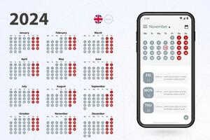 kalender app för cell telefon, vektor kalender 2024 vecka stjärnor från måndag.