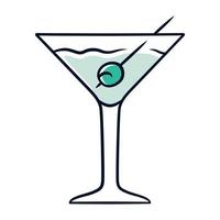 Martini-blaues Farbsymbol. Fußglas mit Getränk und Olive. Cocktail mit Gin und Wermut. erfrischendes alkoholisches getränk für party. Becher mit Mixgetränk. isolierte Vektorillustration vektor