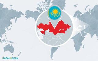 värld Karta centrerad på Amerika med förstorade Kazakstan. vektor