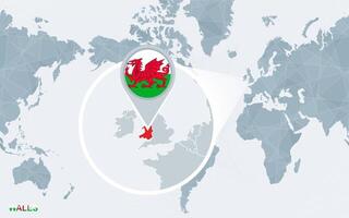 Welt Karte zentriert auf Amerika mit vergrößert Wales. vektor