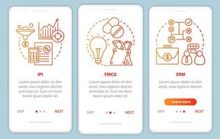 Industriemanagement rotes Onboarding der mobilen App-Seitenbildschirmvektorvorlage. fertigung, ipi, fmcg, srm. Walkthrough-Website-Schritte mit linearen Illustrationen. ux, ui, gui Smartphone-Schnittstellenkonzept vektor