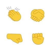 Handgeste Emojis Farbsymbole gesetzt. Applaus, Gratulation, Handschlag-Gestikulieren. rechte und erhobene Fäuste. isolierte vektorillustrationen vektor