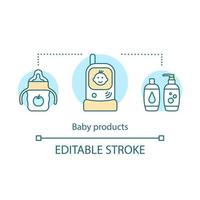 Konzeptsymbol für Babyprodukte. Babyflasche, Toilettenartikel für Kinder, Radio-Kindermädchen. Säuglingspflege Idee dünne Linie Abbildung. Kinderbetreuung. Vektor isolierte Umrisszeichnung. bearbeitbarer Strich