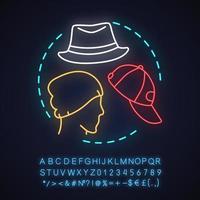 Symbol für das Neonlicht-Konzept der Kopfbedeckung für Herren. Mützen und Hüte. Ladenidee für männliche Accessoires. leuchtendes Schild mit Alphabet, Zahlen und Symbolen. isolierte Vektorgrafik vektor