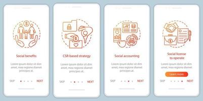 csr onboarding mobile app page screen vector template. Schritt für Schritt zur Website zur sozialen Verantwortung von Unternehmen. Sozialhilfe, Buchhaltung, Lizenz. ux, ui, gui Smartphone-Schnittstellenkonzept