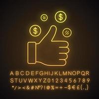 Finanzieller Erfolg Neonlicht-Symbol. Daumen hoch mit Dollar. viel Glück. Geschäft. leuchtendes Schild mit Alphabet, Zahlen und Symbolen. isolierte Vektorgrafik vektor