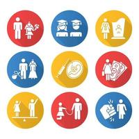 Gleichstellung der Geschlechter flaches Design lange Schatten Glyphe Icons Set. Bildungsgleichheit. Mutterschaftssterblichkeit. Kinderhochzeit. weibliche Wirtschaftstätigkeit. Gewalt gegen Transfrauen. Vektor-Silhouette-Abbildung vektor