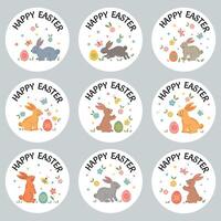 påsk runda klistermärken märken med kanin, ägg, vår blommor. påsk Semester etiketter vektor design element uppsättning. Lycklig påsk typografi meddelande med festlig kanin, kanin ägg, blommor, fjäril.