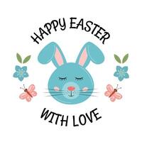 Lycklig påsk hälsning kort med söt liten kanin och blommor. runda klistermärke, gåva märka, märka, bricka. påsk rolig kanin. några kanin förälskelser du. vektor