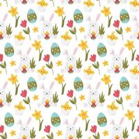 Ostern Hase mit Blumen und Eier isoliert. süß saisonal nahtlos Muster Design Konzept. Frühling festlich Hintergrund. Tier Charakter. traditionell Feier Hand gezeichnet eben Vektor Illustration