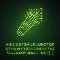 Sellerie-Neonlicht-Symbol. Laub. landwirtschaftliche Pflanze. gesunde Ernährung. Grün. Vitamin. vegane Ernährung. Gemüsefarm. leuchtendes Schild mit Alphabet, Zahlen und Symbolen. isolierte Vektorgrafik vektor