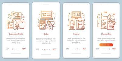 Verkaufs-Onboarding für die Bildschirmvektorvorlage für die mobile App-Seite. Kundendetails, Bestellung, Rechnung, Transaktions-Walkthrough-Website-Schritte mit linearen Illustrationen. E-Commerce. ux, ui, gui Smartphone-Schnittstelle vektor