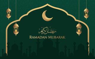 islamisch Arabisch Grün Luxus Ramadan Hintergrund mit geometrisch Muster und griechisch Rand Design vektor