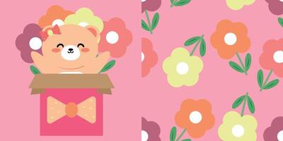 hand teckning tecknad serie Björn i en låda full av färgrik blommor, Lycklig hjärtans dag skrivning bakgrund, söt djur- klotter för valentine och sömlös mönster med söt tecknad serie blommor vektor