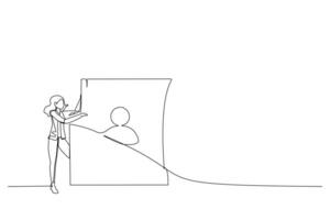 Single kontinuierlich Linie Zeichnung von ein Geschäftsfrau zeigt an ein Kontakte . weiblich Manager mit ein Digital Konto. minimal Metapher. kontinuierlich Linie zeichnen Design Grafik Vektor Illustration