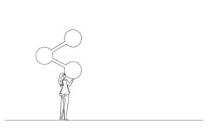 kontinuierlich Linie Zeichnung von ein jung weiblich Analysieren molekular Struktur. Frau im passen suchen ein beim chemisch Diagramm. Geschäft Person Studien Komplex Verbindungen zum Erfolg Vektor Illustration.