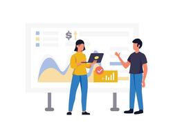 företag människor arbete med finansiell diagram på instrumentbräda. mycket liten analytiker övervakning statistik, utbyta Rapportera av stock marknadsföra och kontrollera försäljning platt vektor illustration. finansiera, analys begrepp