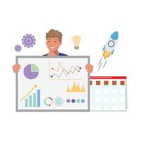 jung Mann halten ein Tafel geschmückt mit Diagramme, Daten und Analyse symbolisierend das starten von innovativ Ideen abgebildet durch ein Rakete und Licht Birne. Kalender wie ein Zeichen von strategisch zeitliche Koordinierung vektor