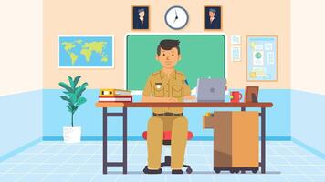 indonesisch männlich bürgerlich Diener Mitarbeiter im Uniform Sitzung Arbeiten im seine Büro Zimmer mit Laptop und Unterlagen vektor