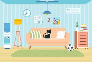 gemütlich Leben Zimmer Innere Möbel Zuhause Katze Sitzung auf das Sofa eben Illustration vektor
