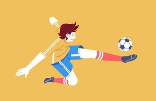 fotboll spelare sparkar de boll i luft platt modern karaktär vektor illustration