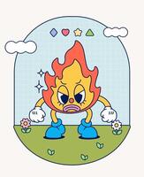 wütend Feuer retro Charakter Maskottchen Jahrgang modisch Hand zeichnen komisch Gekritzel Comic Sammlung vektor