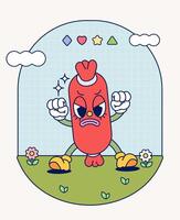 wütend Würstchen retro Charakter Maskottchen Jahrgang modisch Hand zeichnen komisch Gekritzel Comic Sammlung vektor