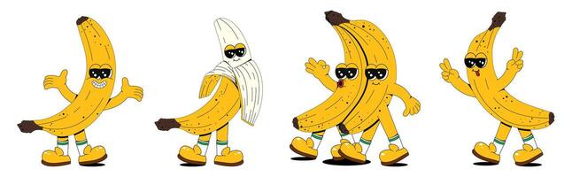 uppsättning av retro tecknad serie banan tecken. en modern illustration terar söt banan maskotar i annorlunda poser och känslor, skapande en 70-talet komisk bok vibe. vektor