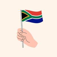 tecknad serie hand innehav söder afrikansk flagga, isolerat vektor design.