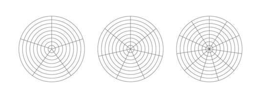 Rad von Leben Vorlage. einfach Coaching Werkzeug zum visualisieren alle Bereiche von Leben. Kreis Diagramme von Leben Stil Gleichgewicht. Polar- Gitter mit Segmente, konzentrisch Kreise. leer von Graph Papier. Vektor Symbol.